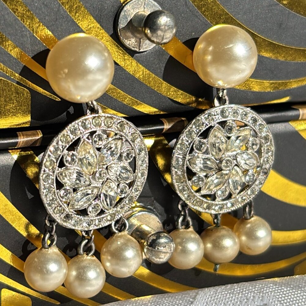ANTIQUE STERLING FAUX PEARL & RHINESTONE EARRINGS